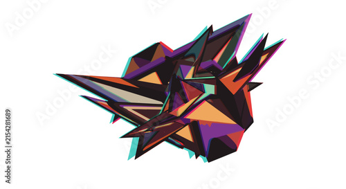 An abstract geometric shape with sharp, angular lines in vibrant colors, creating a dynamic and futuristic visual effect