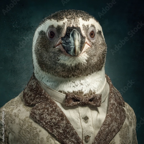 Elegant penguin dressed in a tuxedo with bowtie, showcasing fine attire and wildlife attire for formal occasions