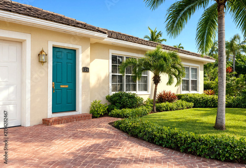 Charming singlestory house with teal front door surrounded by palm trees and lush landscaping under clear skies
