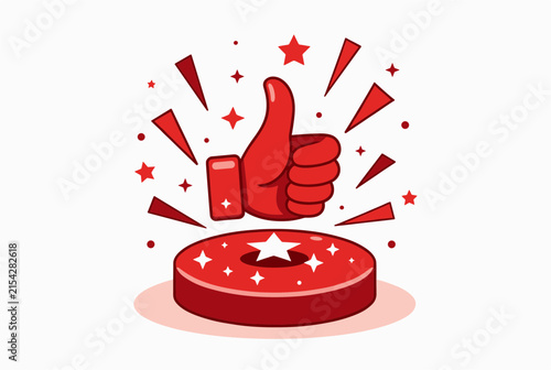 Vibrant red thumbs up symbol sitting on a decorated circular platform surrounded by stars and explosive graphic lines of success.