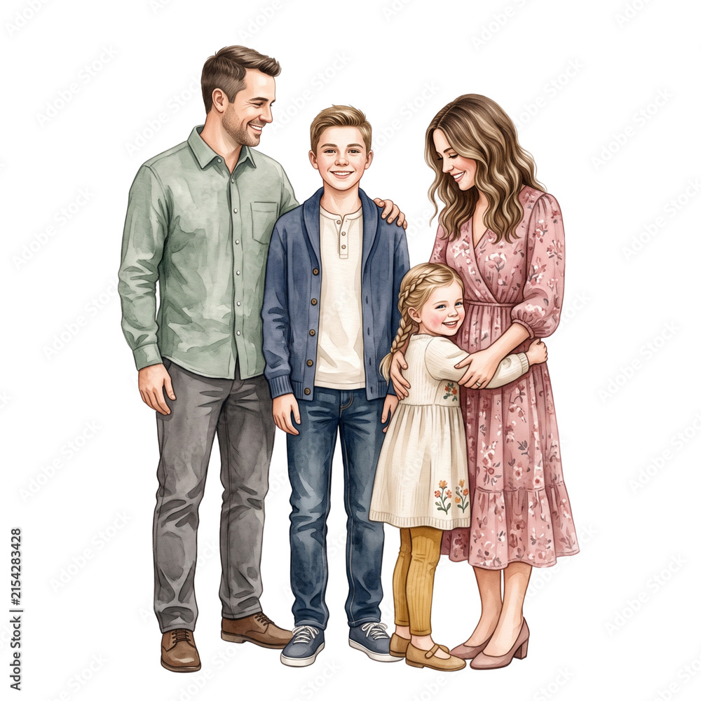 Fototapeta premium Watercolor Family Clipart Parents Kids Back Front View Portrait Illustration