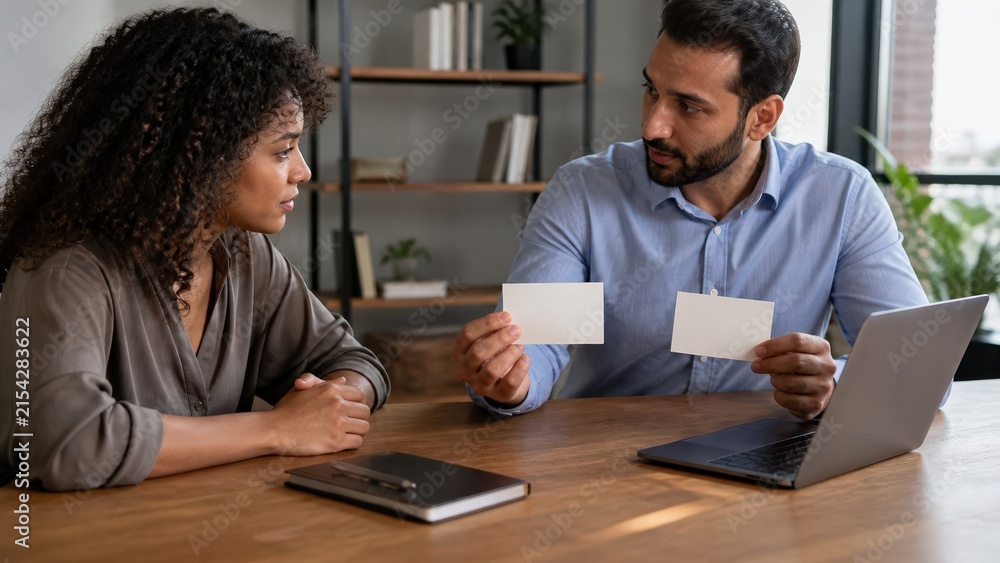 Obraz premium Consultant explaining privacy choices to a client using blank cards