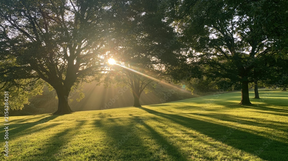 Naklejka premium Sunlight streams through trees, casting long shadows across a grassy field