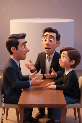 Three animated characters engaged in a discussion around a wooden table, with a neutral background and soft lighting creating a modern, minimalistic atmosphere