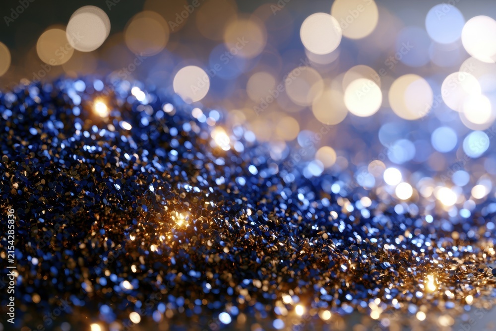 Fototapeta premium Sparkling blue and golden glitter texture with bokeh lights creating a festive and enchanting abstract background ambiance
