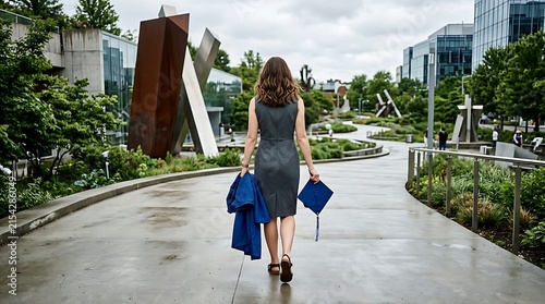 Graduate walking away on a modern university campus holding cap and gown.