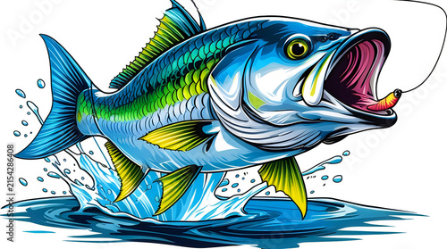 Large bass fish jumping out of water catching fishing lure illustration