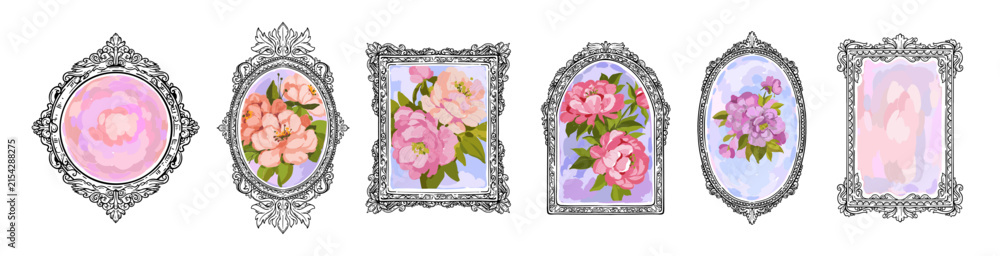 Fototapeta premium Vintage classic frame set, hand drawn oil painting picture decoration, retro romantic swirl border. Impressionism flower background wedding invitation anniversary design. Royal victorian vintage frame