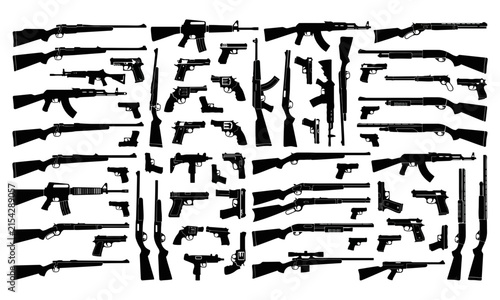 Принти на полотні Assortment of firearms in black silhouette against a white background