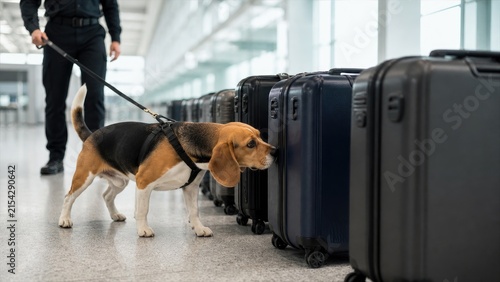 Beagle police K9 sniffing a line of unbranded suitcases at bright modern airport baggage inspection area at the start of a systematic search, photographed in low dog-eye-level three-quarter view.