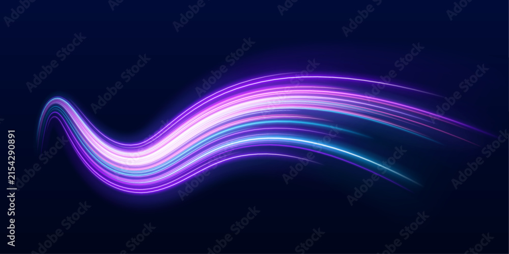 Obraz premium Futuristic neon highway glows with vibrant blue and purple light trails. Dynamic beams sweep across the road. Cyberpunk PNG artwork for digital design.