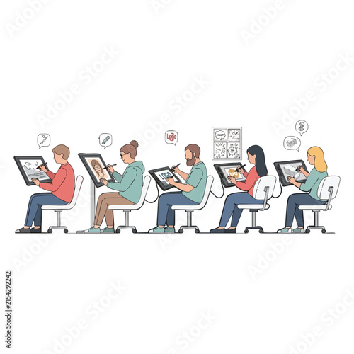 Row of creative digital artists using drawing tablets and stylus pens to design digital illustrations.