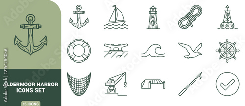 Foto Aldermoor harbor icons set featuring outline symbols of anchor, sailboat, lighth