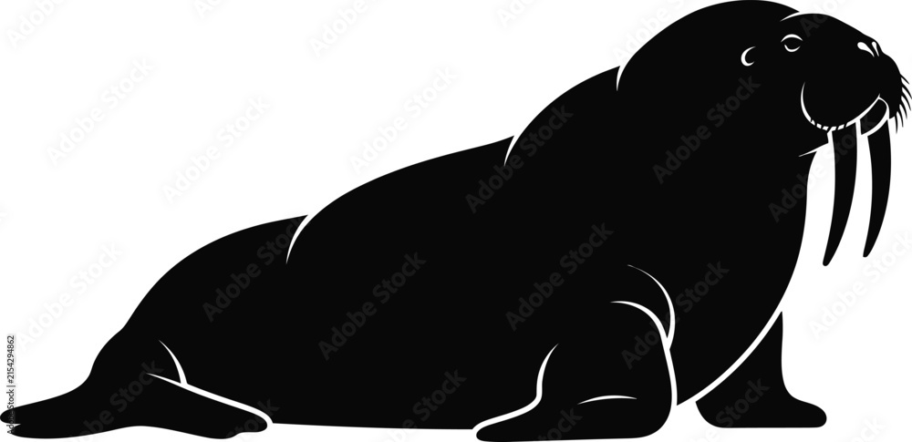 Obraz premium Black silhouette of a walrus with tusks on a white background