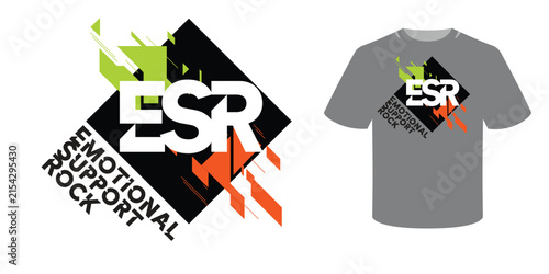 Bold geometric T-shirt design with large “ESR” lettering and colorful abstract shapes