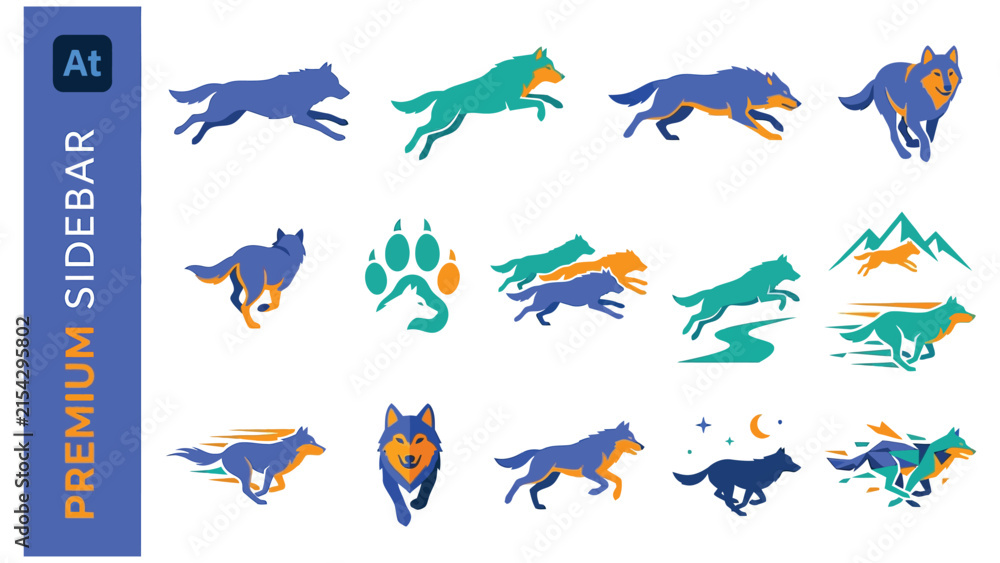 Naklejka premium Running wolf motion icon set dynamic animal poses with wildlife, predator