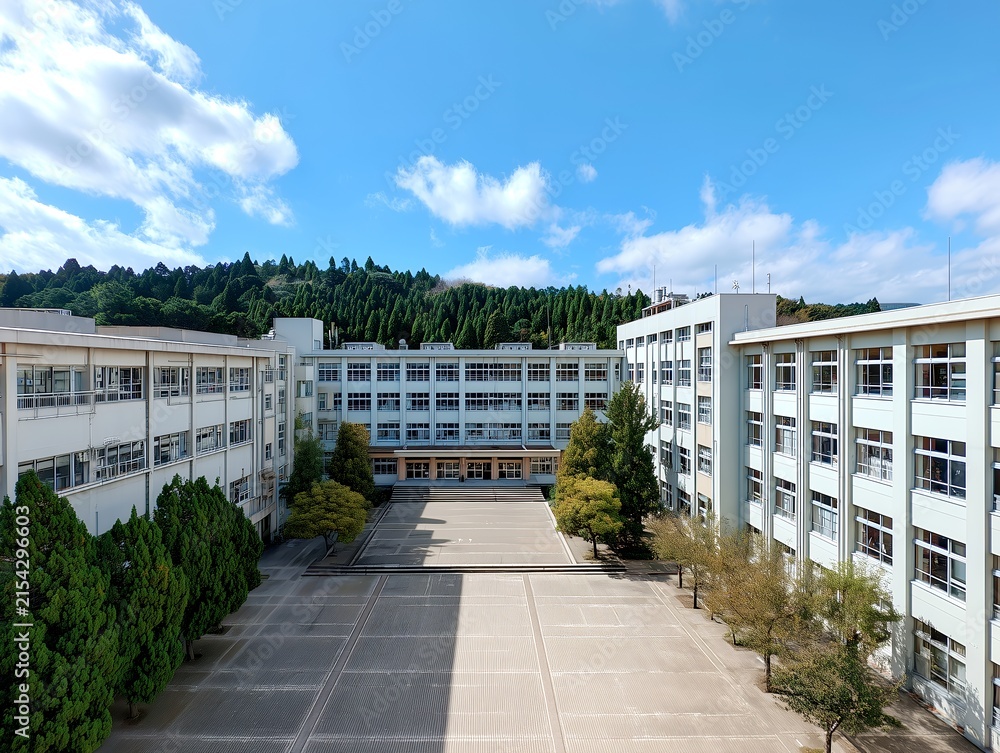 Naklejka premium 青空の下に広がる日本の公立中学校や高校の校舎と緑豊かな山々が美しい学校の中庭の風景
