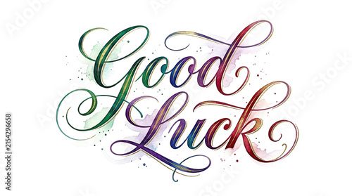 Elegant Good Luck calligraphy, colorful watercolor script lettering, artistic hand-drawn greeting on white background.