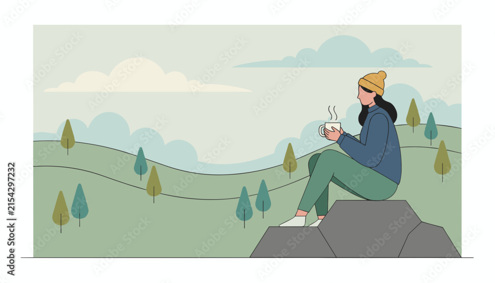 Obraz premium Young female hiker sitting on a rock and enjoying a warm drink while looking at scenic green hills and pine trees.