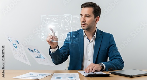 Professional Businessman Analyzing Documents With Cards At Office Desk.