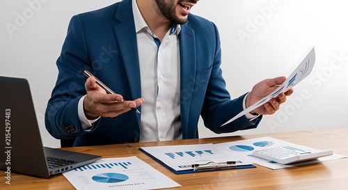 Professional businessman analyzing financial documents at a desk.