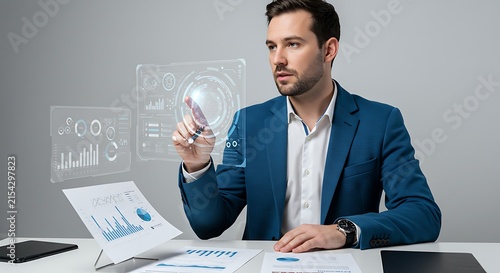 Professional businessman uses holographic finance dashboard.