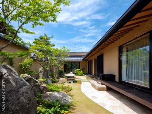 庭園に配置された石灯籠と青々としたカエデが美しい日本家屋の縁側から眺める初夏の風景