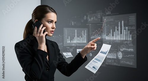 Professional Businesswoman Analyzing Data On Holographic Screens.