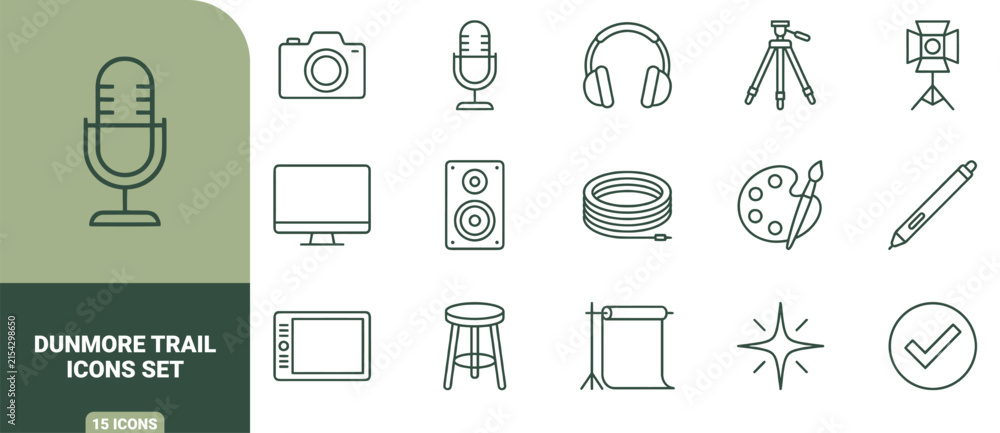 Fototapeta premium Collection of green outline icons related to multimedia production, audio recording, and equipment icon set