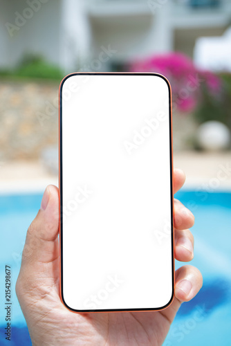 Man hand vertically holding phone isolated white screen mockup pool