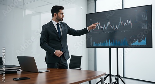 Professional Presenter Analyzing Financial Chart in a Modern Boardroom.