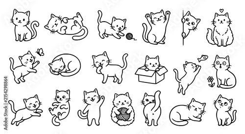 Cute Cat Doodle Line Art Collection – Black and White Hand Drawn Vector Illustration