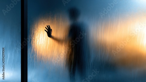 Mysterious silhouette pressing a hand against textured illuminated glass with contrasting blue and orange glowing background creating an eerie atmosphere