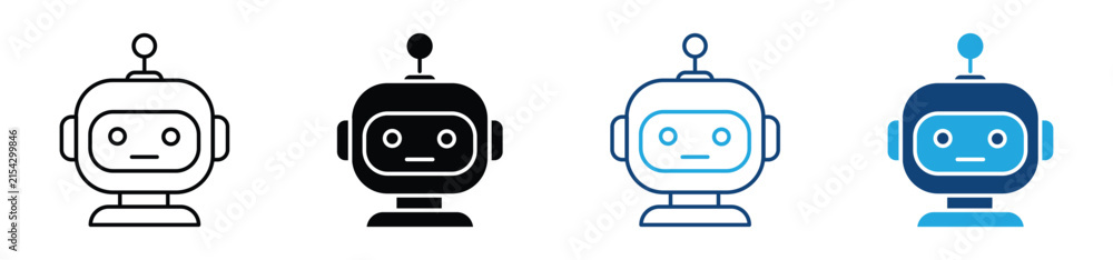Naklejka premium AI Robot Head Icon Set. Artificial Intelligence Technology Automation Symbols. Outline Glyph Colored Line Fill Style. Vector Illustration