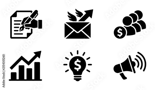 Business Icons Set: Marketing, Finance, Growth, Ideas, Communication, Teamwork