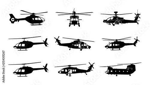 Helicopter Silhouettes Collection, Military and Civilian Aircraft Icons, Vector Set for Aviation Graphics