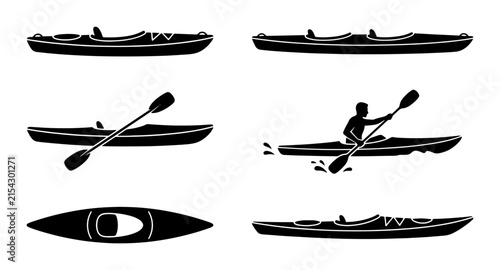 Kayak Silhouettes: Paddling, Water Sports, Outdoor Adventure Vector Icons Set