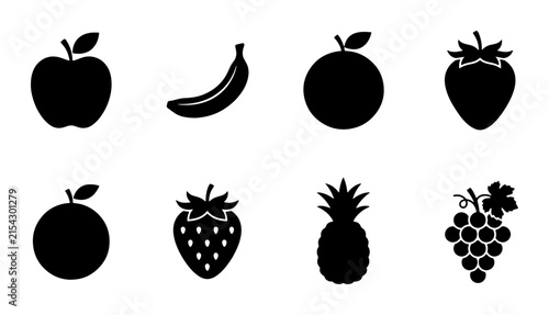 Simple Fruit Icons: Apple, Banana, Orange, Strawberry, Pineapple, Grapes Vector Set