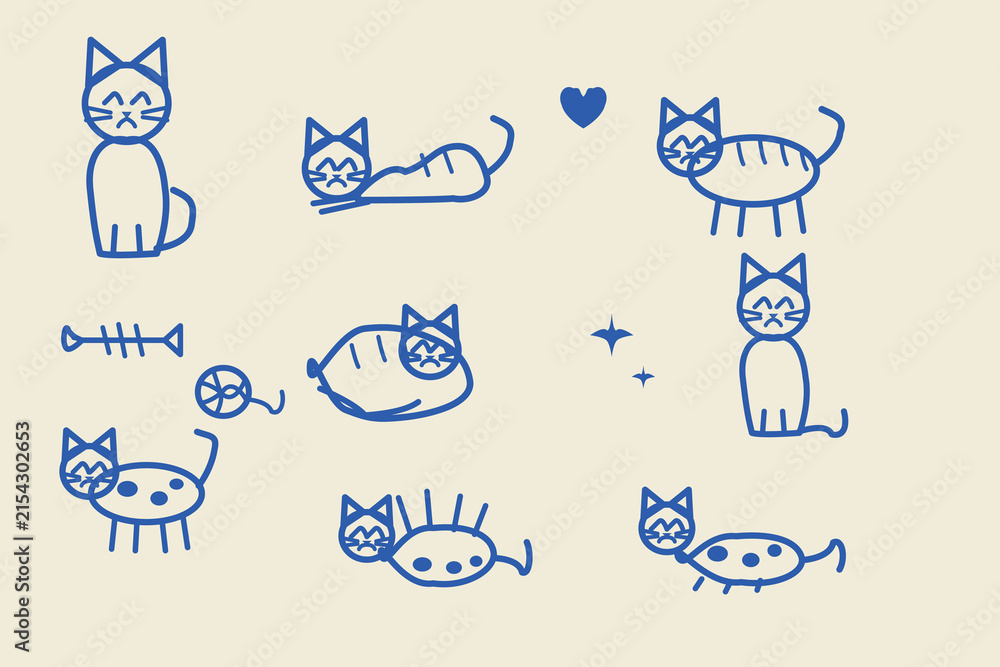 Fototapeta premium Set of blue hand-drawn cat doodles, featuring various feline poses, a fish bone, a yarn ball, a heart, and sparkling star on cream background