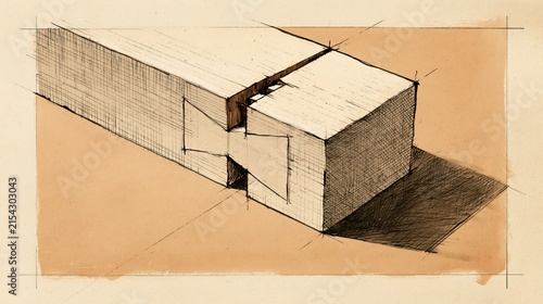 Hand-drawn ink line illustration of a cleanly cut dovetail in soft cinematic light