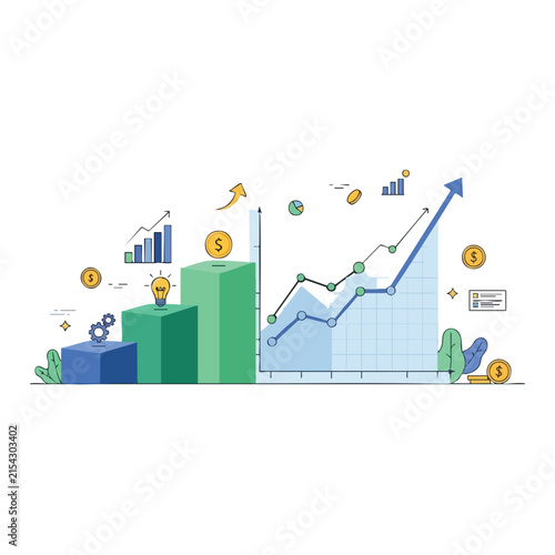 Financial business growth concept showing an upward trend line graph, bar chart, and money coins.