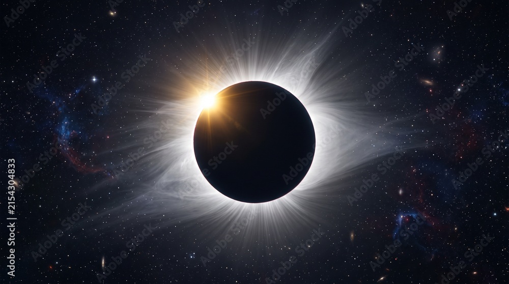 Fototapeta premium Total Solar Eclipse with Bright Diamond Ring Effect and Detailed Solar Corona in Deep Space Starry Galaxy Background for Astronomy Science Discovery