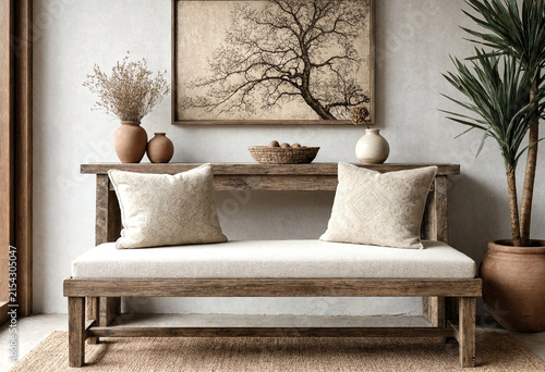 Modern rustic living room interior with wooden bench neutral cushions and natural decor elements