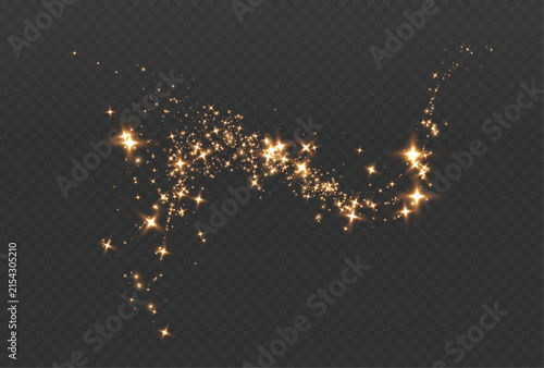 Gold sparkling dust wave with glowing light streaks tiny golden particles and twirling star effects overlay element for elegant decorative and festive design use dark background waves