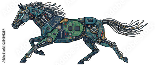 Futuristic robotic horse illustration made of circuits