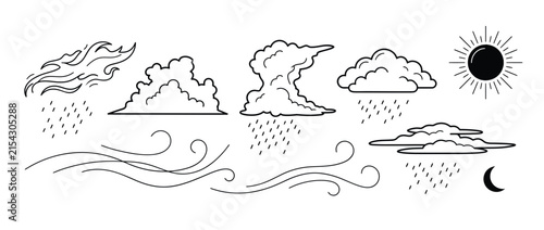 Hand-drawn weather icons isolated on transparent background