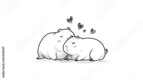 Adorable cartoon capybaras cuddling with hearts, symbolizing love and friendship. Two cute capybaras are shown in a tender embrace, surrounded by small hearts, conveying warmth and affection
