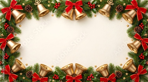 Christmas holiday frame border with golden bells and festive pine foliage christmas decoration