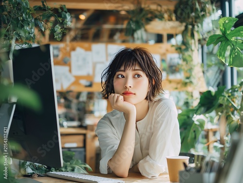Obraz na płótnie 観葉植物に囲まれたおしゃれなオフィスで頬杖をつき考え事をするショートヘアの女性