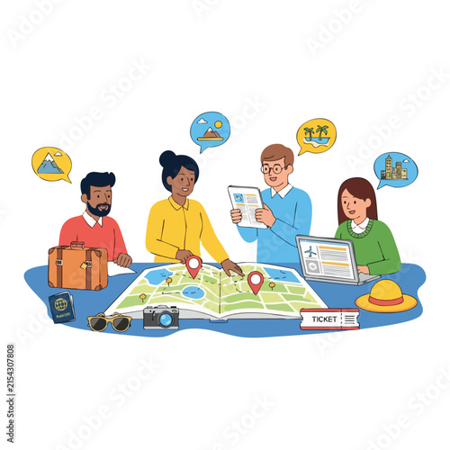 Diverse group of friends planning a vacation trip together using a large map and travel accessories.